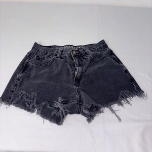 American Eagle black Mom Jean shorts distressed button fly  00
